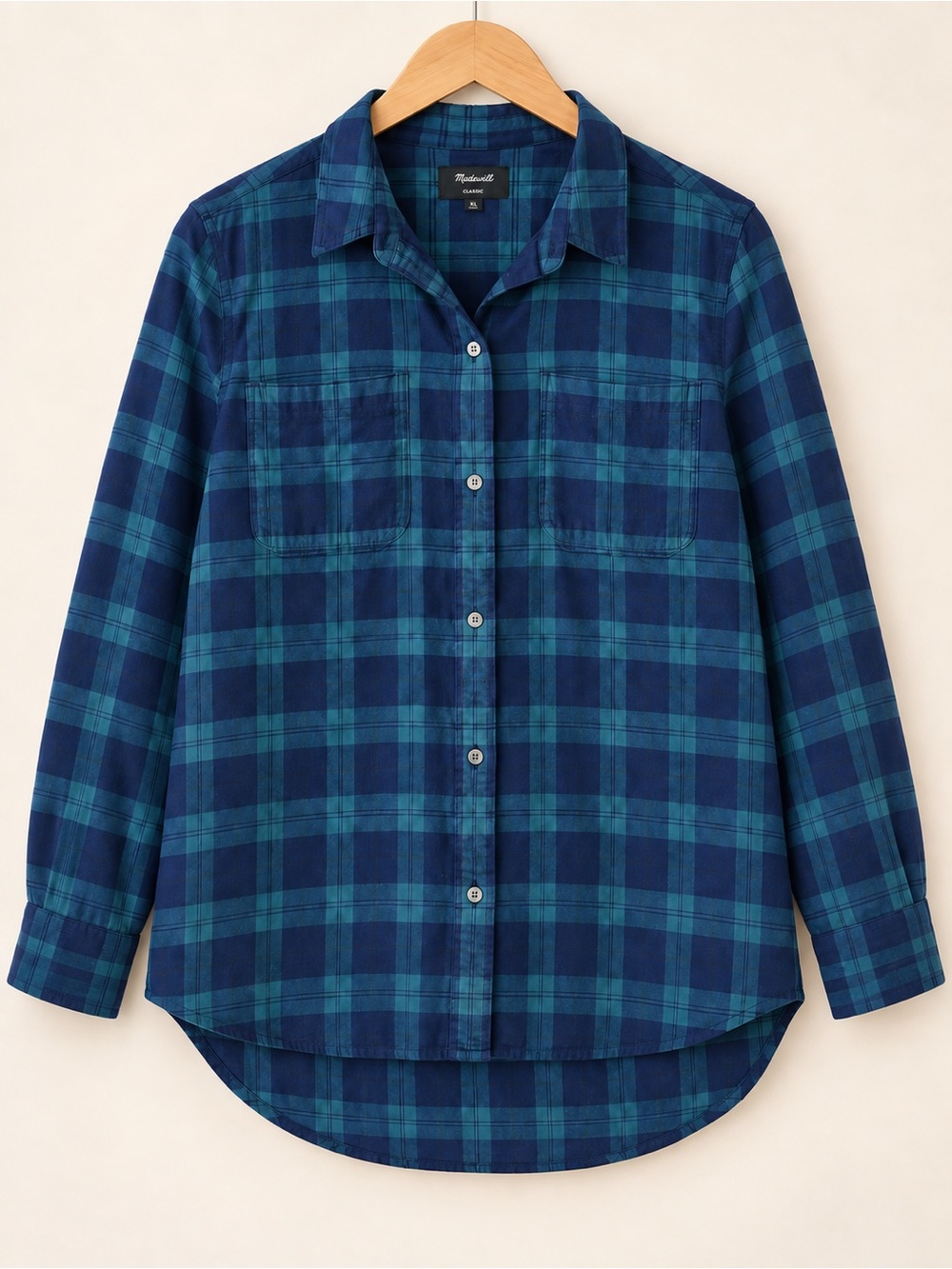 Madewell Classic Green Navy Plaid Flannel Button-Front Shirt XL